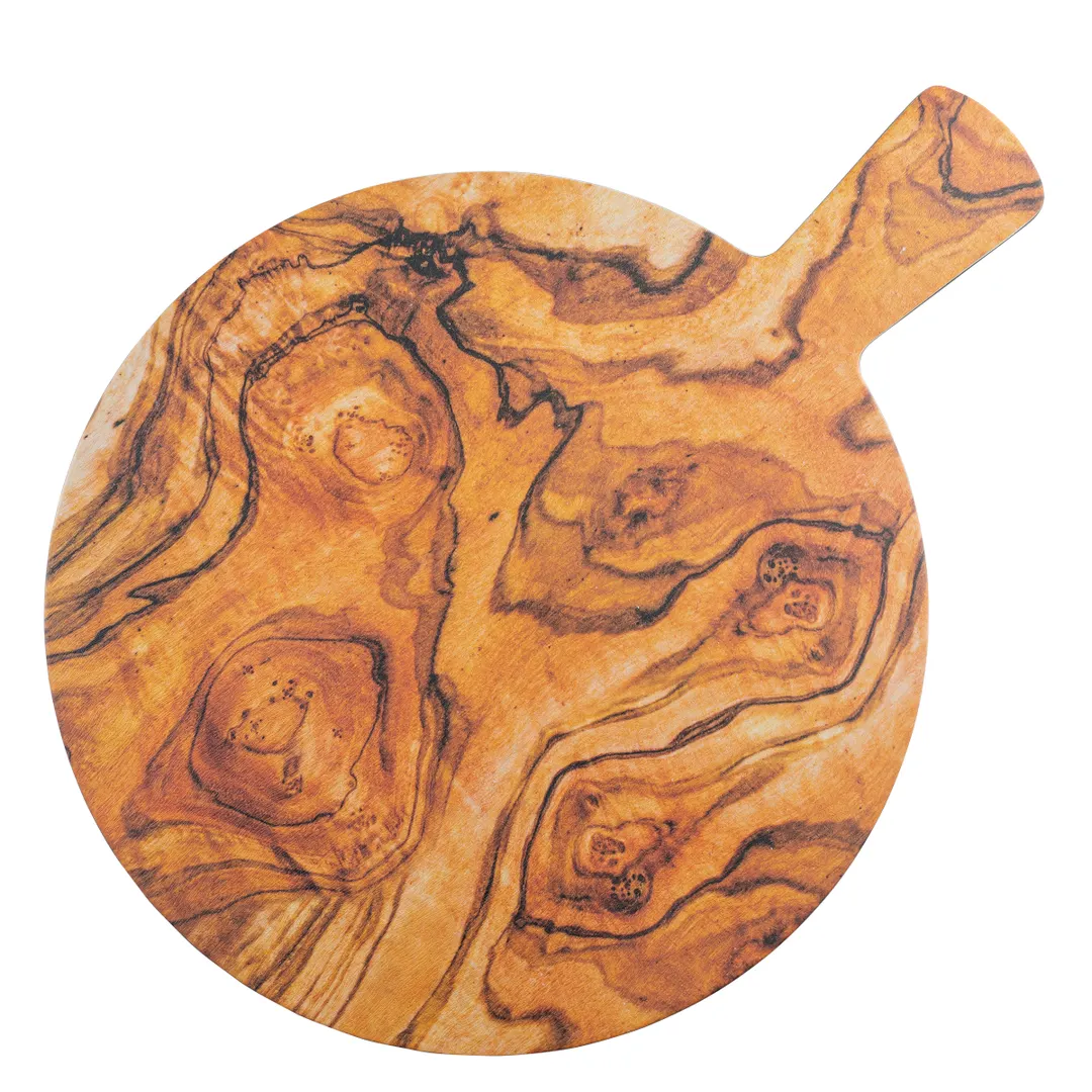 TableCraft Products 11184 - Black 12" Round Melamine Tray with Olive Wood Decal, 4-1/2" Handle