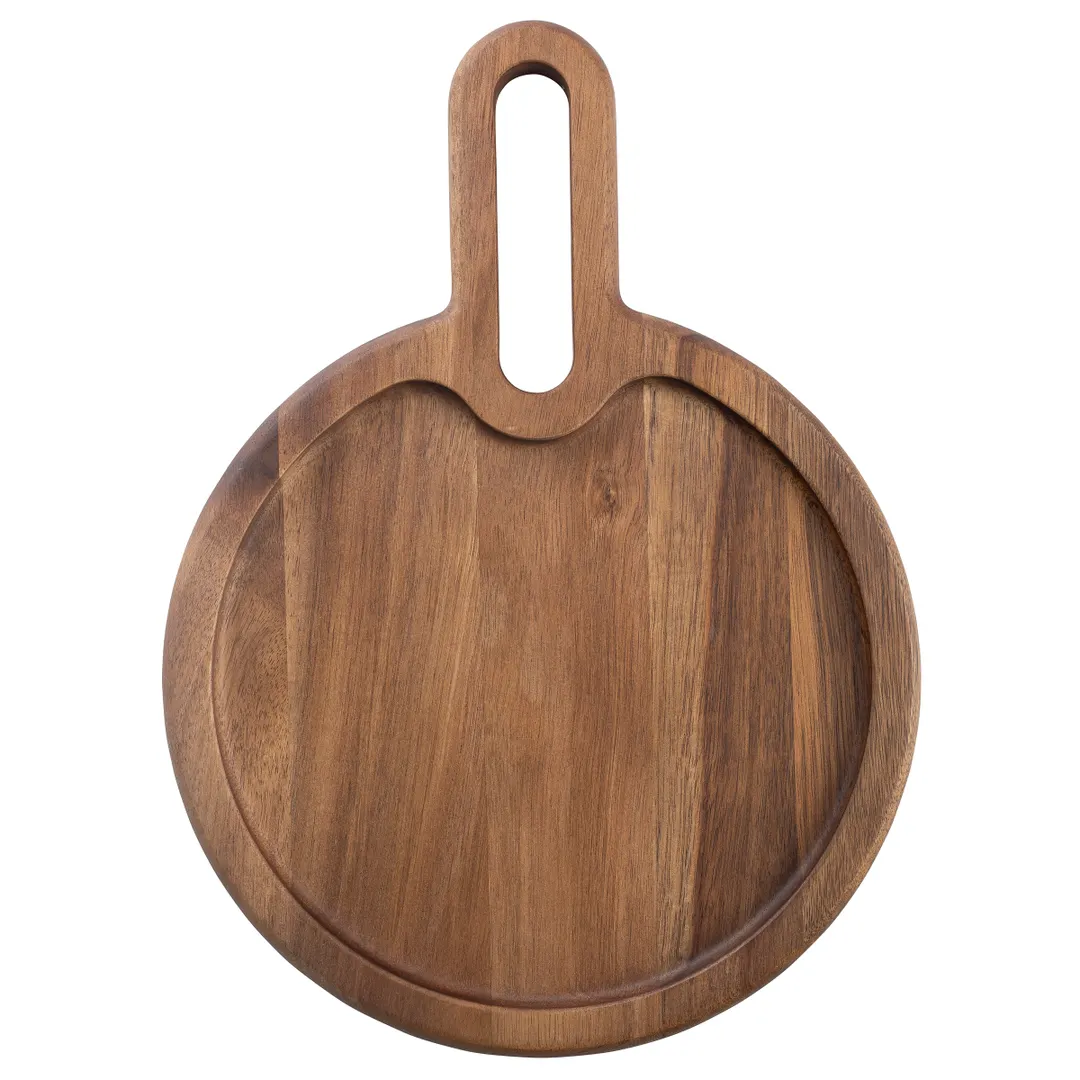 TableCraft Products 11525 Acacia Snack Tray, 13-3/4" x 10" x 3/4", Oval Wood Handle, Natural