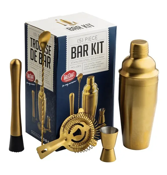 TableCraft 11779 Bar Kit - 24oz Shaker Jigger Strainer Muddler Spoon Gold 6.125"x5"x10.25"