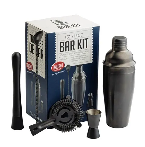 TableCraft 11780 Bar Kit - 24oz Shaker, Jigger, Strainer, Muddler, 6.125"x5"x10.25", Steel Gunmetal