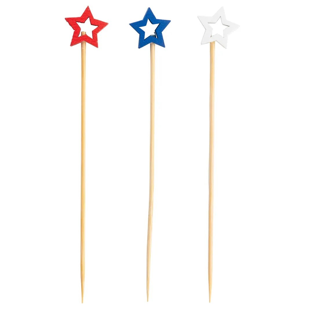 TableCraft Products 12138 - Star Food Picks, Red White Blue, 5/8" x 1/4" x 4-1/2", Bamboo, 100/Pack