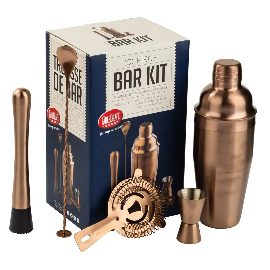 TableCraft 12268 - 6.25" x 5" x 10.25" 3-Piece Cocktail Shaker Kit, Jigger, Strainer, Muddler, Spoon