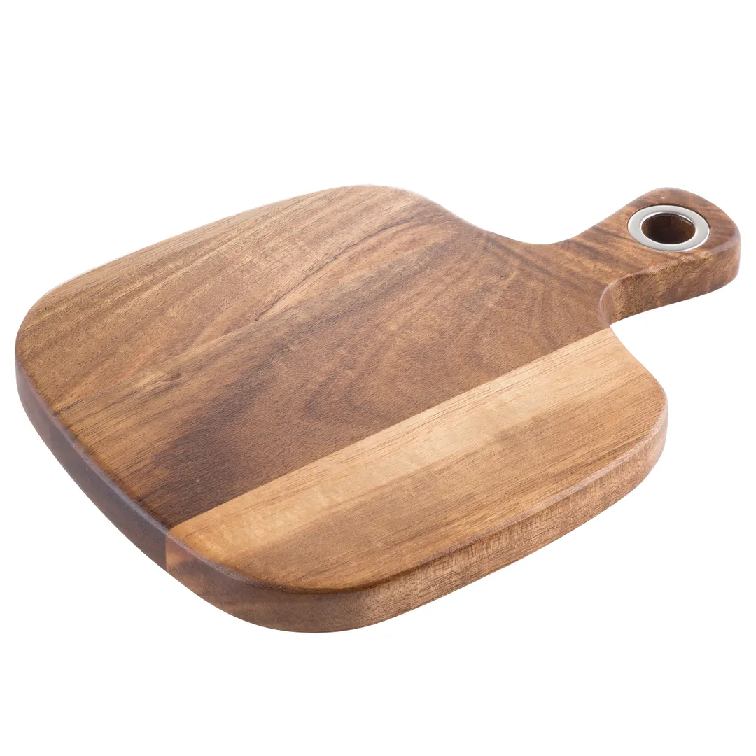 TableCraft Products 123480 Acacia Wood Tray – 5-1/2" x 6" with 2-1/4" Handle and Nickel Eyelet