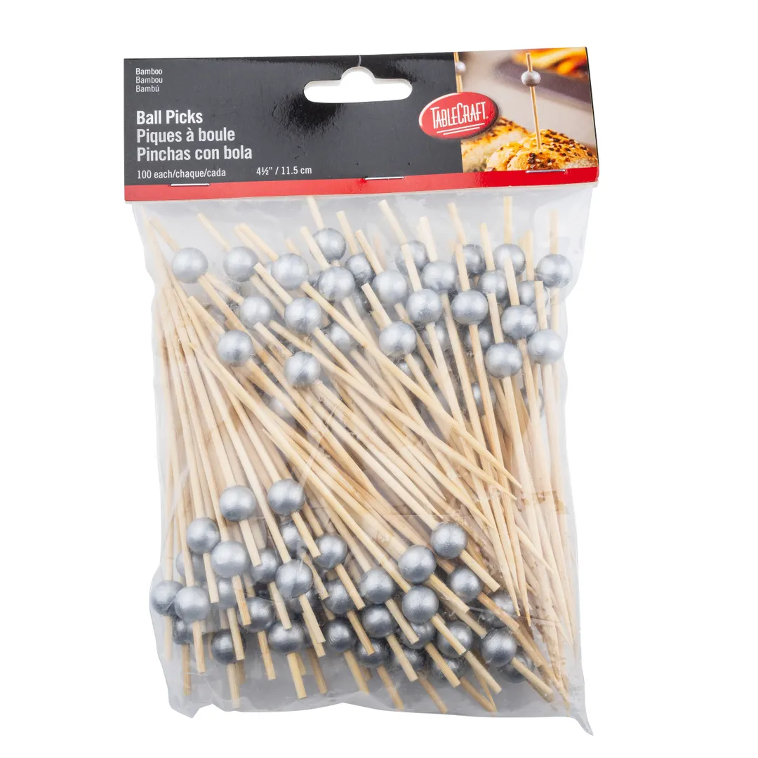 TableCraft Products 12584 - Bamboo Ball Food Picks, 0.4375" x 0.4375" x 4.5", Silver 100/Pack