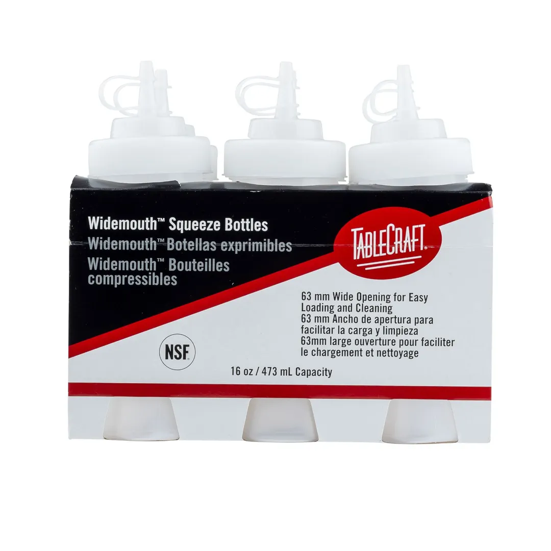 TableCraft 12632 - 16 oz Clear Squeeze Bottle, Wide Mouth 63mm, Cone Tip, NSF Certified - 6/Pack