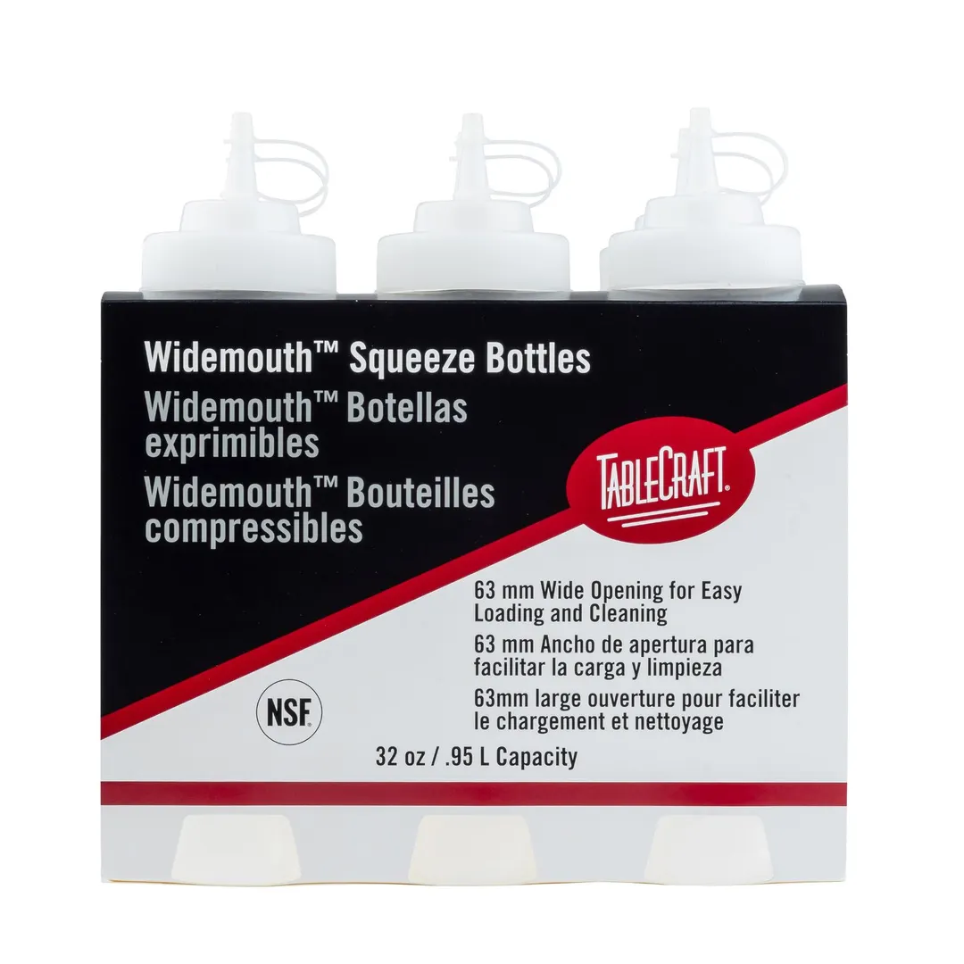 TableCraft 12634 - 32oz Clear WideMouth Squeeze Bottle, 63mm Cone Tip, Tethered Cap, NSF, 6/Pack