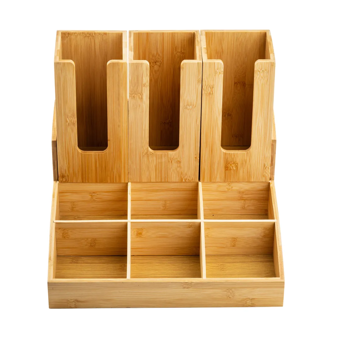 TableCraft 12689 - 9-Section Condiment Organizer, 15" x 14" x 7.5", Coated Bamboo, 3 Cup Holders