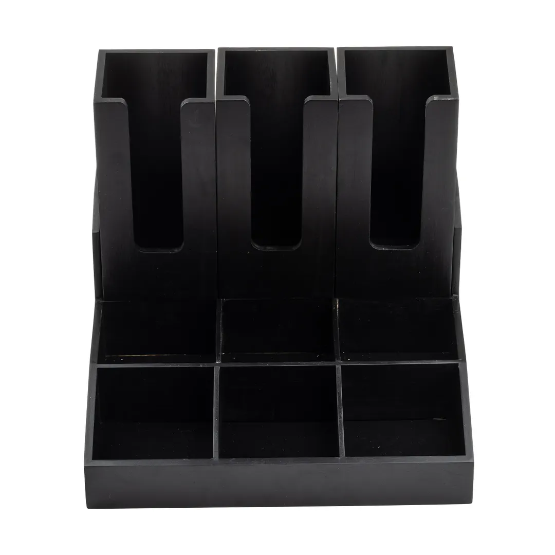 TableCraft 12690 9-Section Coffee Condiment Organizer, 15" x 14" x 7.5", Black Bamboo, 3 Cup, Wood