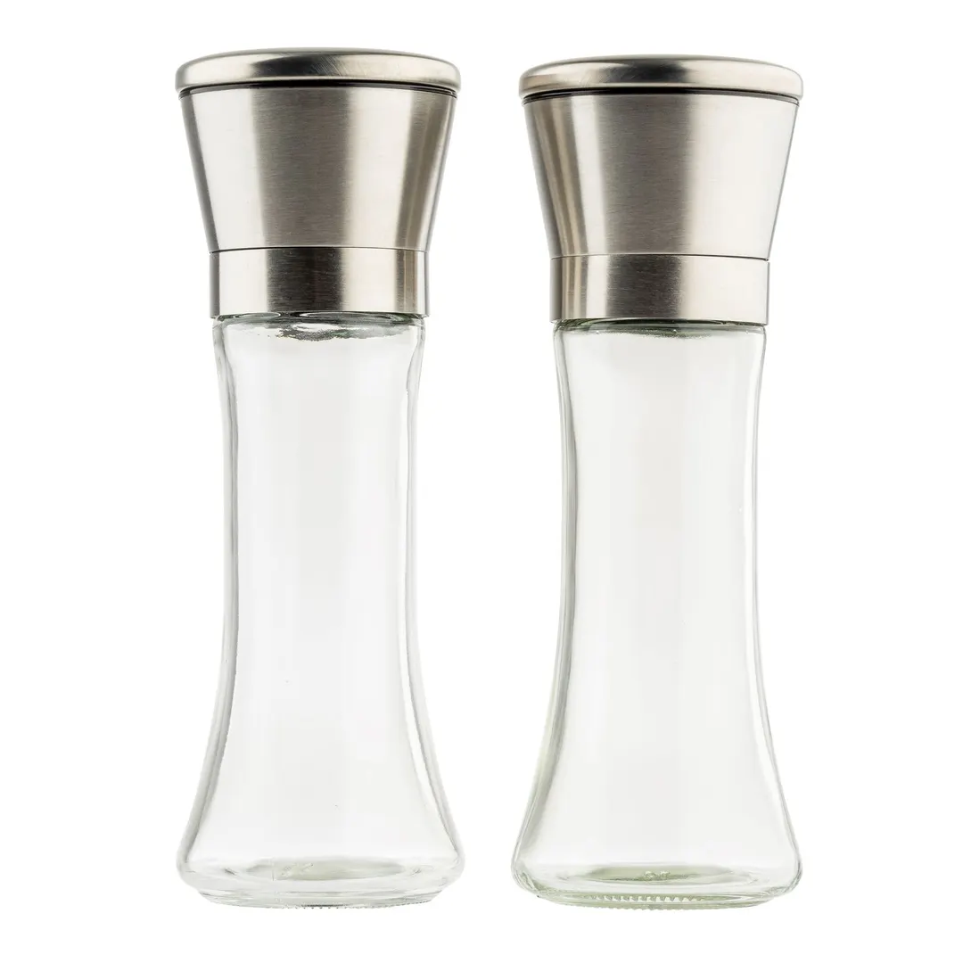 TableCraft Products 12836 - Salt & Pepper Mill Set, 6 oz., 2½" Dia. x 7½" H, Steel & Glass, Set