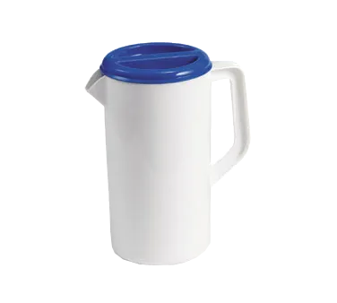 TableCraft 144W White 2-1/2 Qt Plastic Water Pitcher, BPA Free, 3-Way Sanitary Blue Lid, Handle