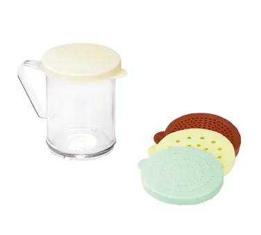 TableCraft 166F - 10oz Poly Cheese Shaker, Beige/Rose/Yellow Lids, BPA‑Free - Set