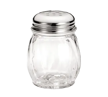 TableCraft 260-1 Cheese Shaker, 6-9 oz Swirled Glass Jar, Chrome Perforated Top, Dishwasher Safe