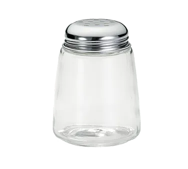 TableCraft 261 - 8oz Modern Glass Cheese Shaker, 6-9oz, Chrome Perforated Top, Metal Lid