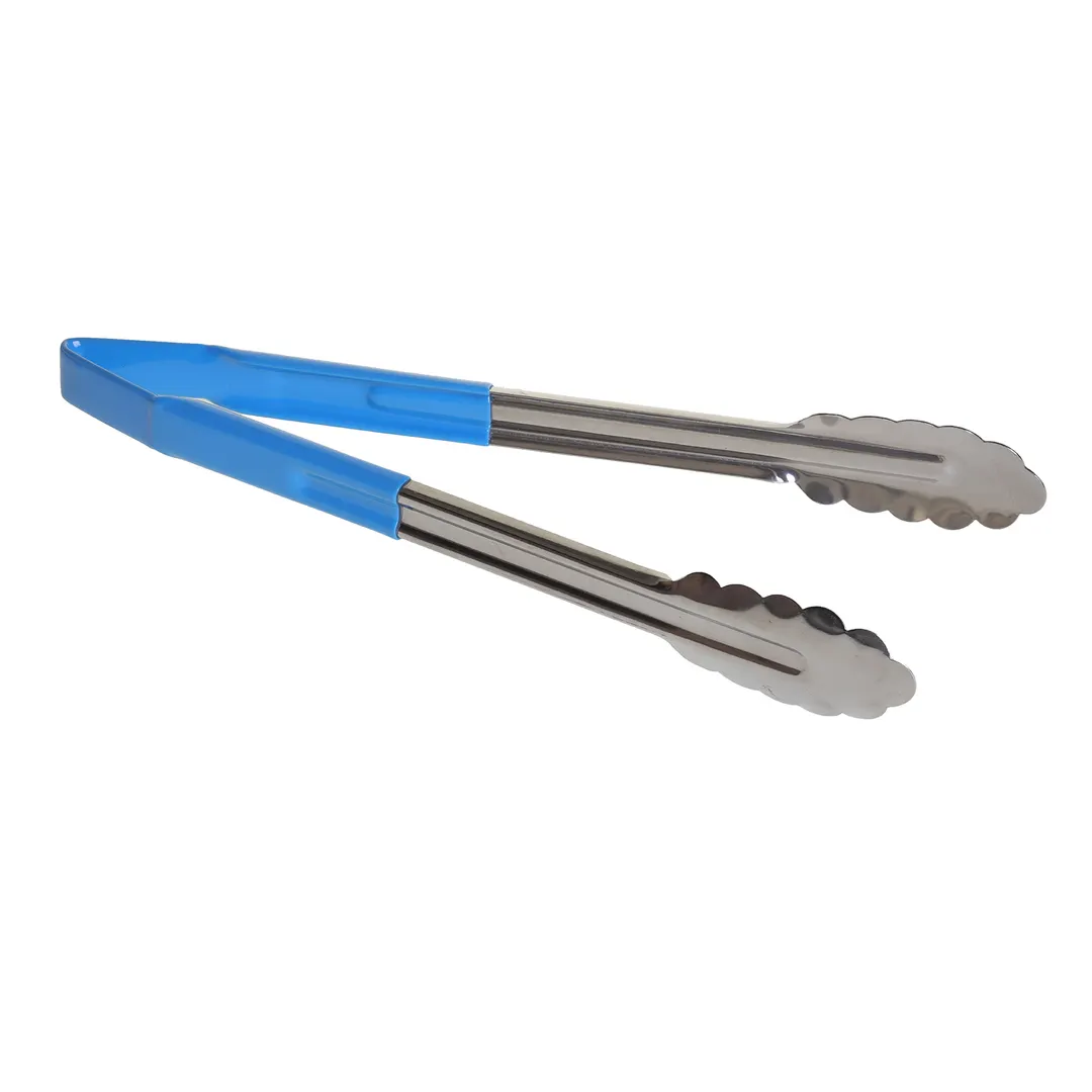 TableCraft 3712BLEU Utility Tongs – 12" Vinyl-Coated, Spring Steel, Dishwasher Safe, Blue