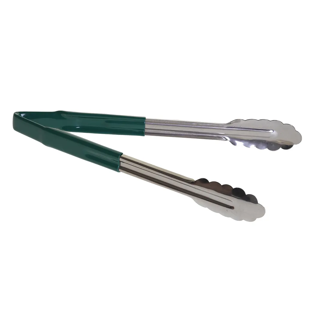 TableCraft Products 3712GEU Utility Tongs, 12" Vinyl-Coated Green Spring Steel, Dishwasher Safe