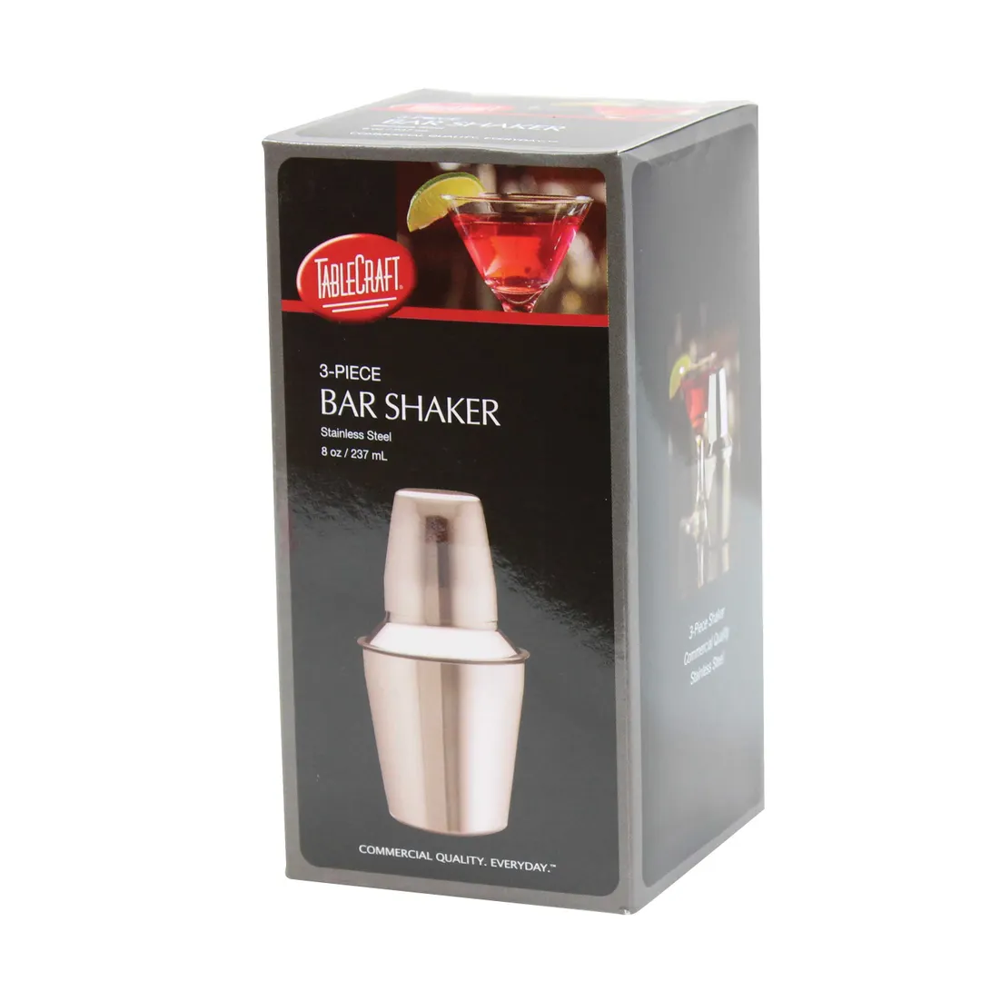 TableCraft 375 Bar Shaker Set, 8oz Stainless Steel, 3-Piece, Dishwasher Safe, Strainer & 3-1/4oz Cap