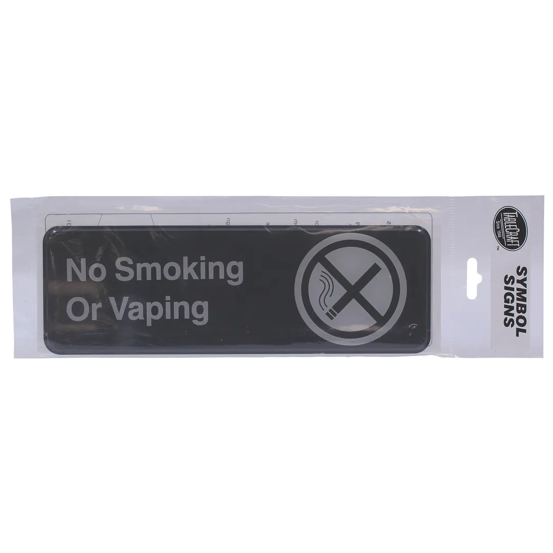 TableCraft Products 394564 No Smoking Sign, 3" x 9", White on Black Plastic - Dishwasher Safe