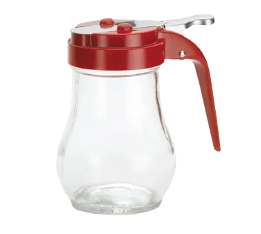 TableCraft 406RE Syrup Pourer, 6oz Teardrop Glass Jar, Red ABS Top, Dishwasher Safe - Dozen