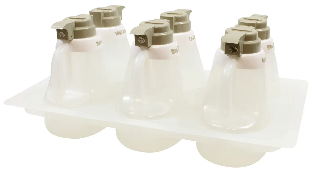 TableCraft 484 Salad Dressing Dispenser Set 20-5/8" x 12-5/8" Tray, 6 Dispensers, 6 Guards - 1/Set