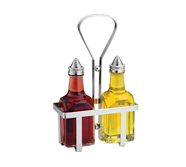 TableCraft Products 600N Oil & Vinegar Cruet Set, Two 6 oz Glass Bottles, Steel Tops, Chrome Rack