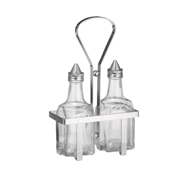 TableCraft Products 600N Oil & Vinegar Cruet Set, Two 6 oz Glass Bottles, Steel Tops, Chrome Rack