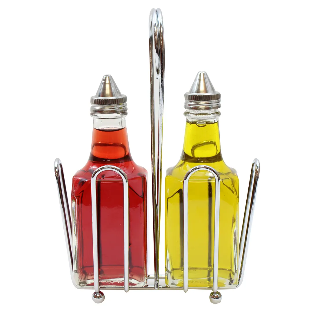 TableCraft Products 600ST Oil & Vinegar Cruet Set, 2 6 oz Glass Bottles, Steel Tops, Rack - Set