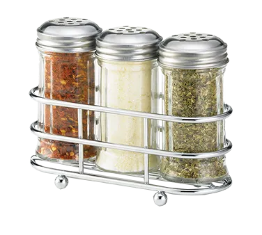 TableCraft Products 659N Dispenser Set, Three 2 oz Fluted Glass Shakers with Steel Tops, Chrome Rack