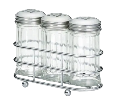 TableCraft Products 659N Dispenser Set, Three 2 oz Fluted Glass Shakers with Steel Tops, Chrome Rack