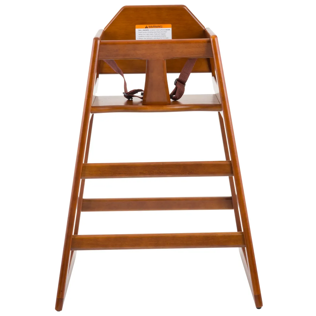 TableCraft Products 6666063 Wood High Chair, 19-3/4" x 19-3/4" x 29"H, Stackable, Washable 3-Point Seatbelt, Front Passive Restraint, Rubberwood, Walnut Finish, ASTM F404-18 Compliant, Unassembled