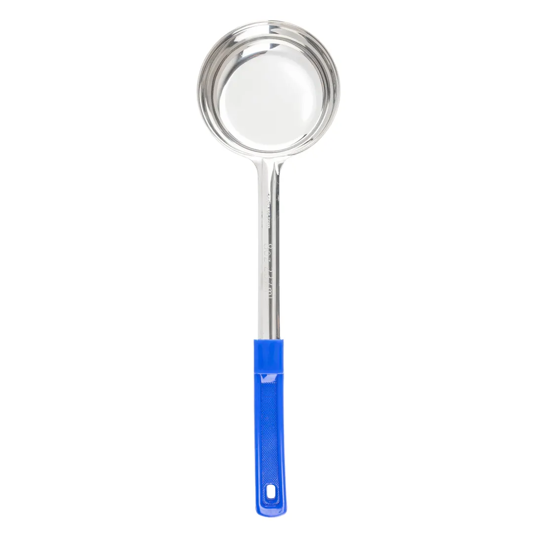 TableCraft 6708 Portion Control Spoon – 8 oz Solid Stainless Steel, Blue Handle, Dishwasher Safe