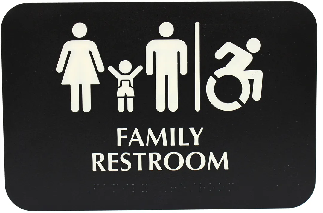 TableCraft 695651 Restroom Compliance Sign, 6" x 9", White/Blue Plastic, Braille, ADA & Handicap Symbol