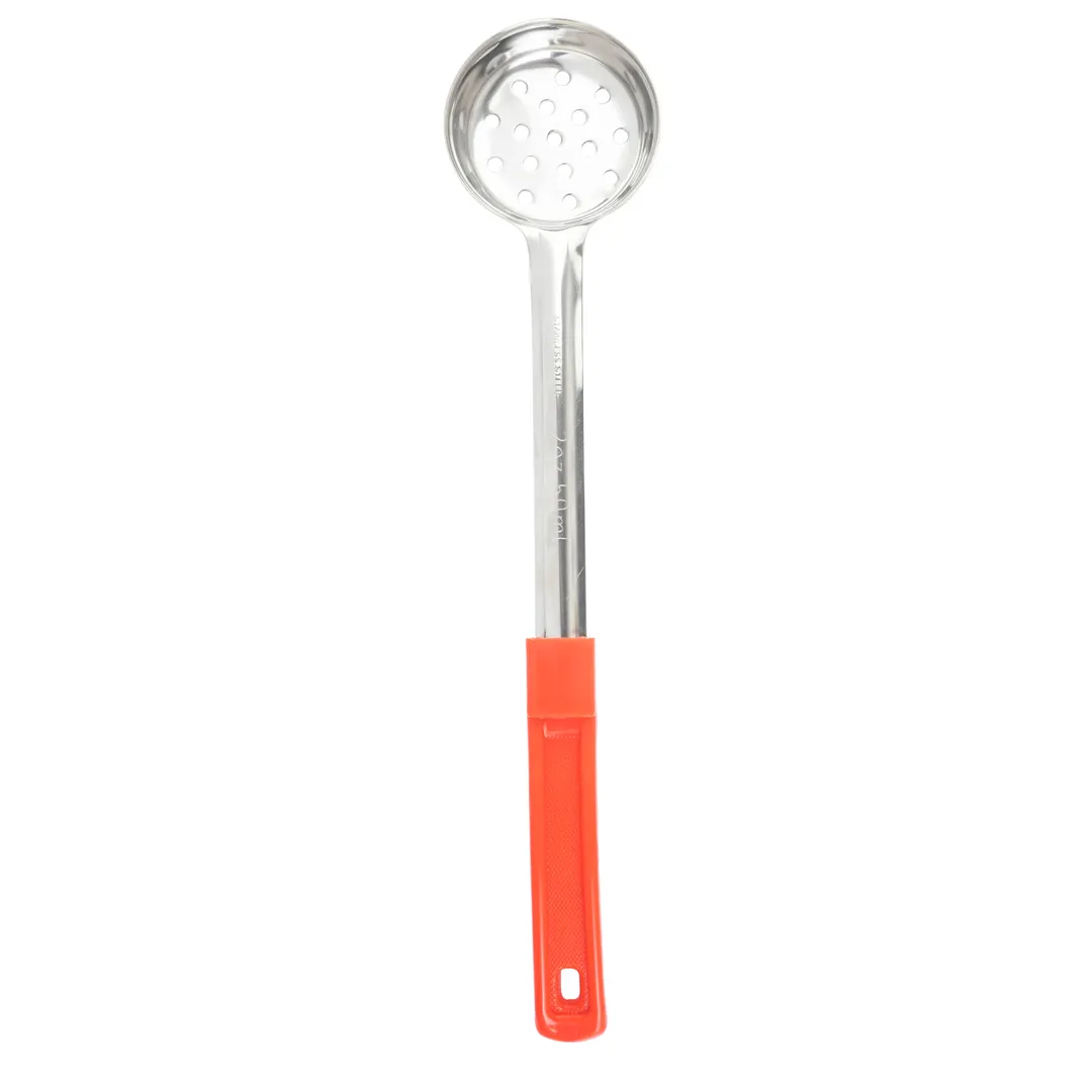 TableCraft Products 7702 Portion Control Spoon, 2 oz, Perforated Stainless Steel with Red Handle