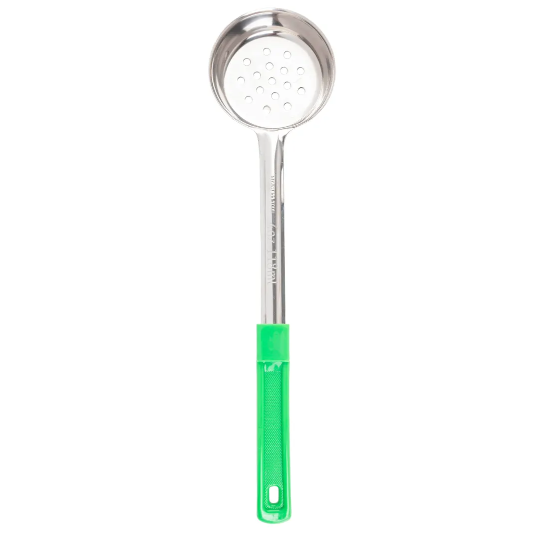 TableCraft Products 7704 - 4oz Perforated Portion Control Spoon, Stainless Steel, Green Handle