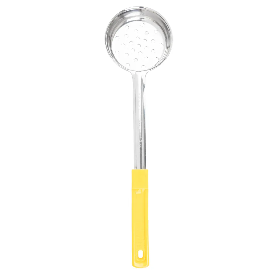 TableCraft 7705 Portion Control Spoon – 5 oz. Perforated Stainless Steel, Yellow Handle