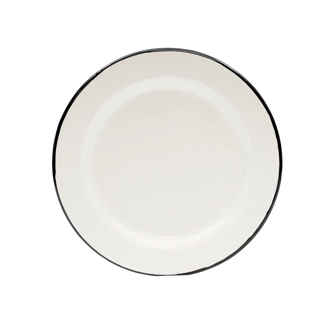 TableCraft Products 80018 8" Round Plate, Creamy White with Black Rim, Porcelain Enamel Steel