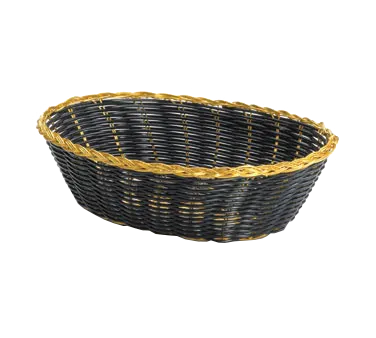 TableCraft 975B Oval Black Polypropylene Serving Basket, 9" x 6.5" x 2.5", Gold Trim, Hand‑Woven