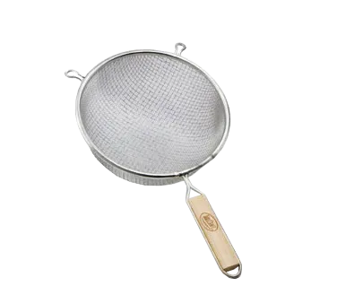 TableCraft Products 98 - 8" Double Mesh Strainer, Medium Tin-Plated, Wooden Handle, Hand Wash Only