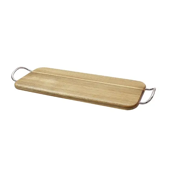 TableCraft ACAMR1606 - 14" x 6" Acacia Wooden Serving Board, 1/2" Thick, Metal Handles, Hand Wash