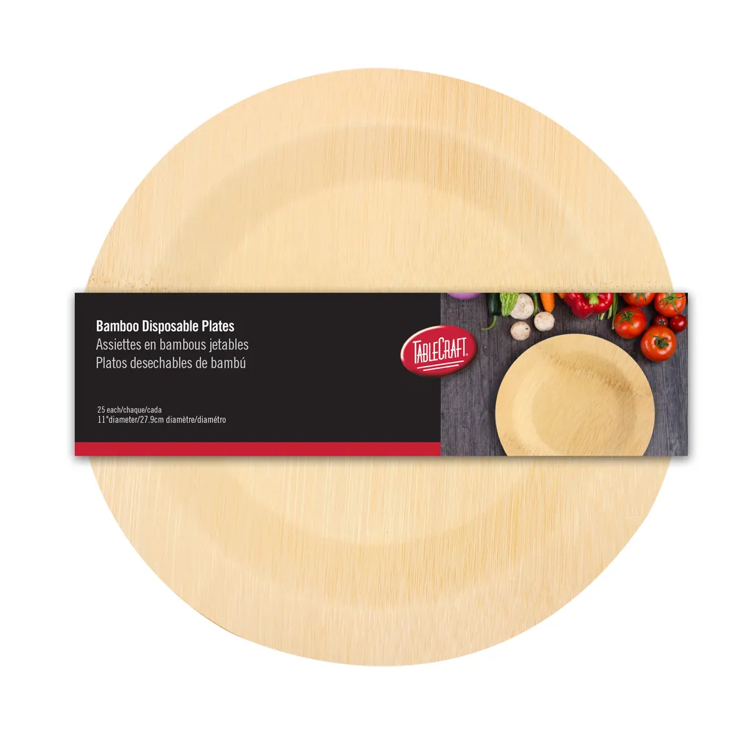 TableCraft BAMDRP11 Disposable 11" Round Bamboo Plate, Natural, Biodegradable – 25/Pack