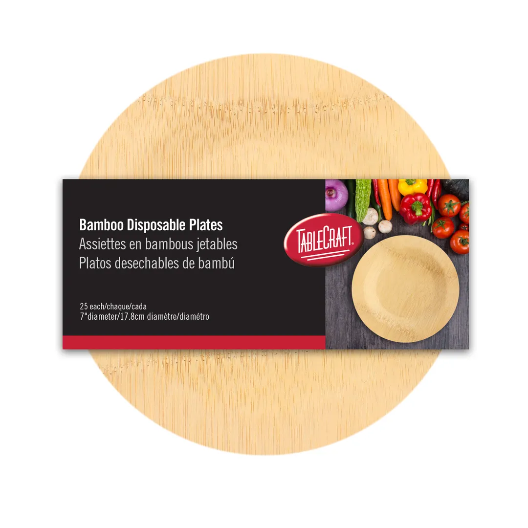 TableCraft Products BAMDRP7 - 7" Natural Bamboo Disposable Round Plate, Biodegradable, 25/Pack