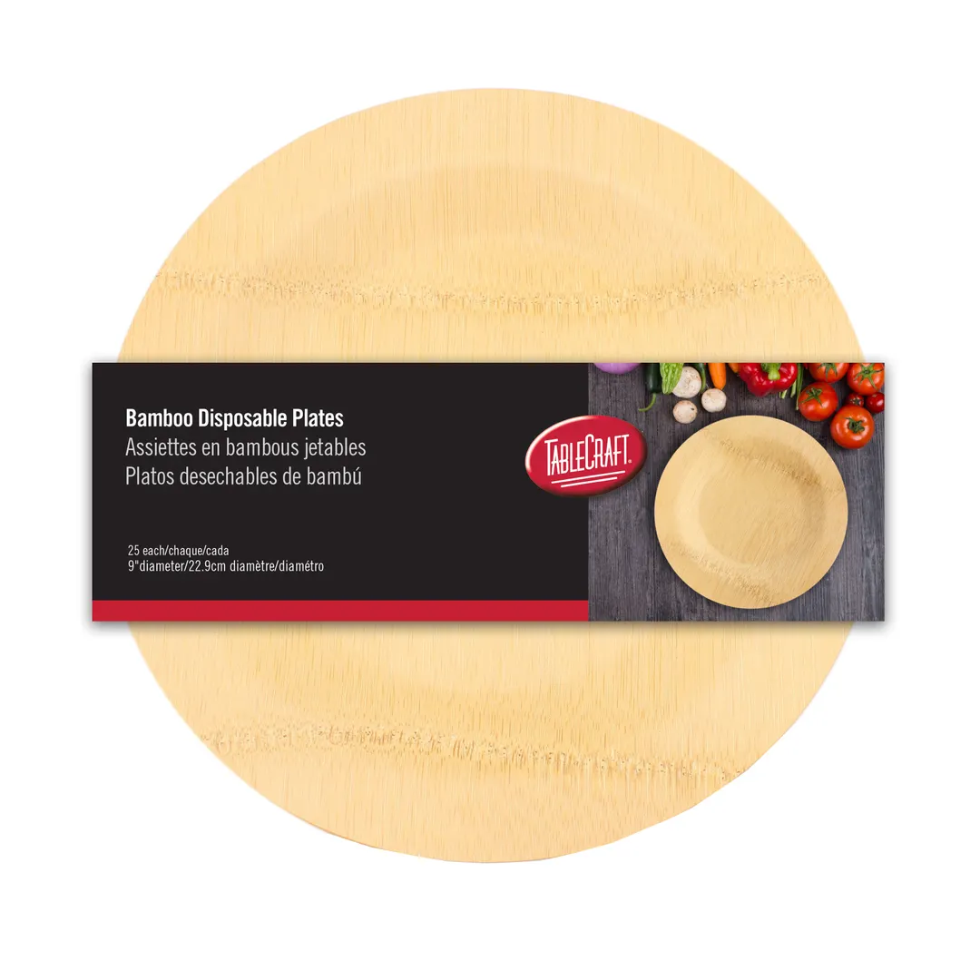 TableCraft BAMDRP9 - 9" Round Bamboo Disposable Plate, Natural, Biodegradable, 25/Pack