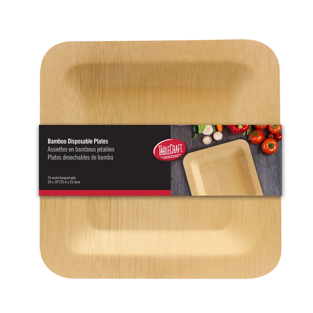 TableCraft BAMDSP10 - 10"x10" Square Bamboo Disposable Plate, Natural, Biodegradable, 25/Pack