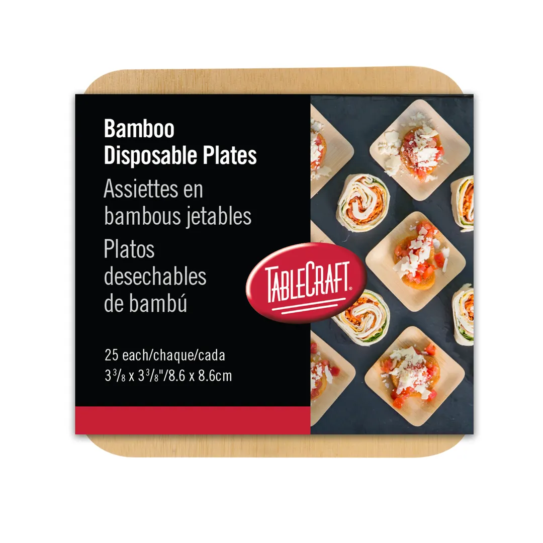 TableCraft BAMDSP35 Disposable Bamboo Plate, 3-1/2" Square, Natural, Biodegradable, 25/Pack