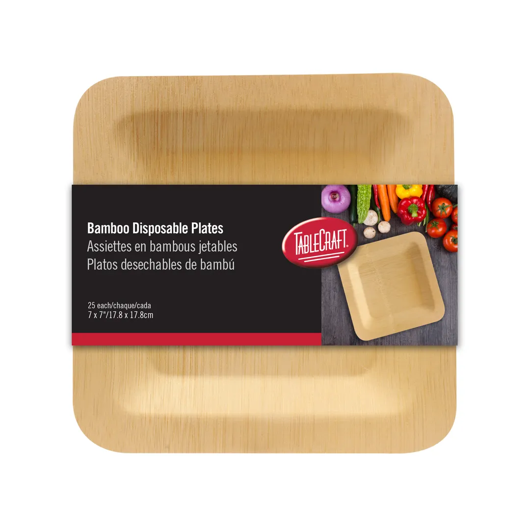 TableCraft BAMDSP7 - 7" x 7" Square Bamboo Disposable Plate, Natural Finish, Biodegradable, 25/Pack