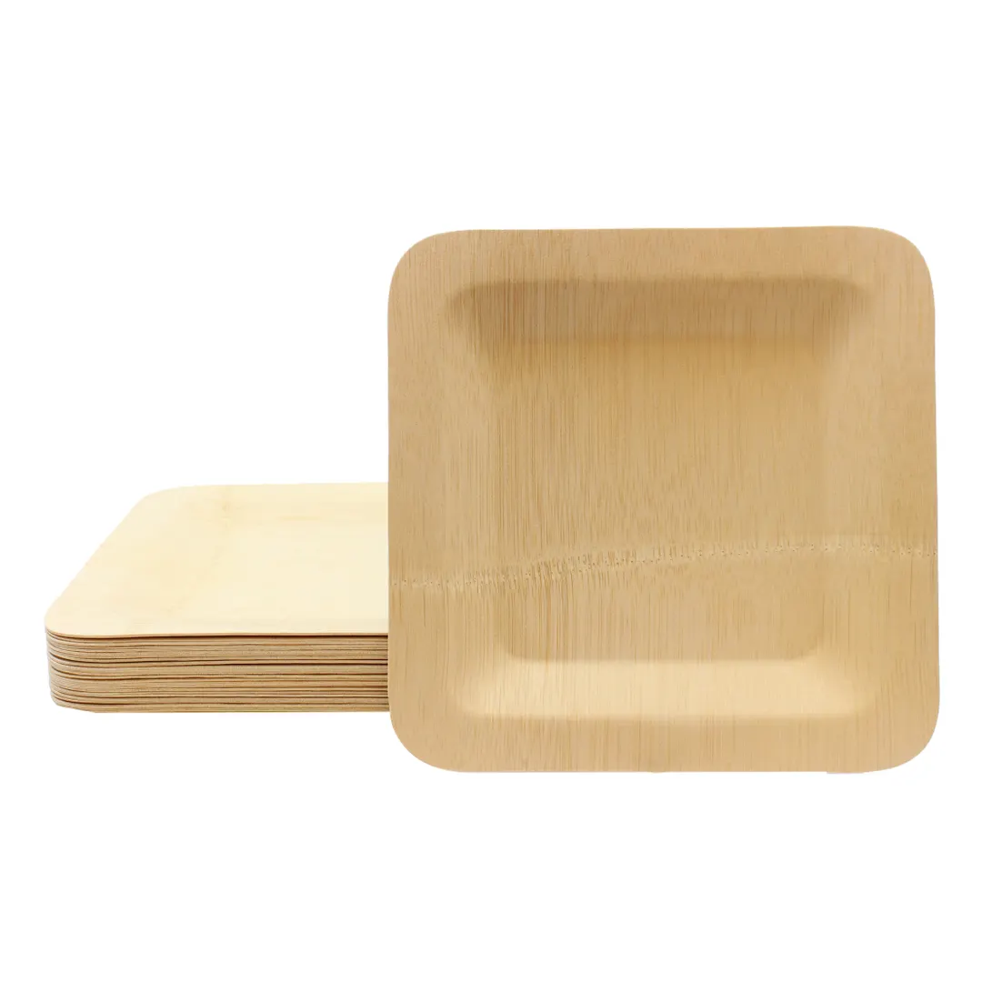 TableCraft BAMDSP7 - 7" x 7" Square Bamboo Disposable Plate, Natural Finish, Biodegradable, 25/Pack