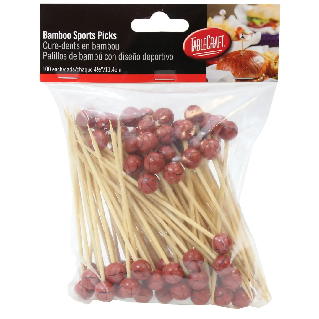 TableCraft BAMSP245 - Bamboo Food Picks, 4-1/2" Basketball End, 100/Pack