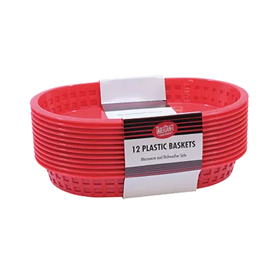 TableCraft C1076R Red Oval Food Basket, 10-1/2" x 7" x 1-1/2", Heat‑Resistant Plastic, 12/Pack