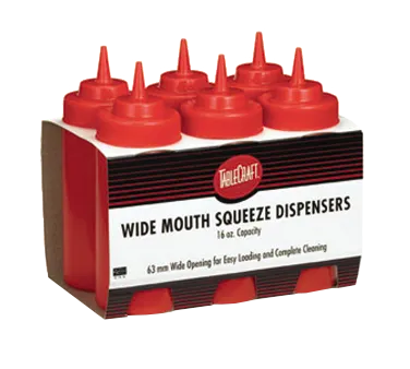 TableCraft Products C11253K - 12 oz Red Squeeze Bottle, NSF, Dishwasher Safe, 53mm Opening - 6/Pack