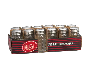 TableCraft C163-12 Glass Salt & Pepper Shaker, 1‑1/2 oz Capacity, Stainless Steel Top – 12/Pack