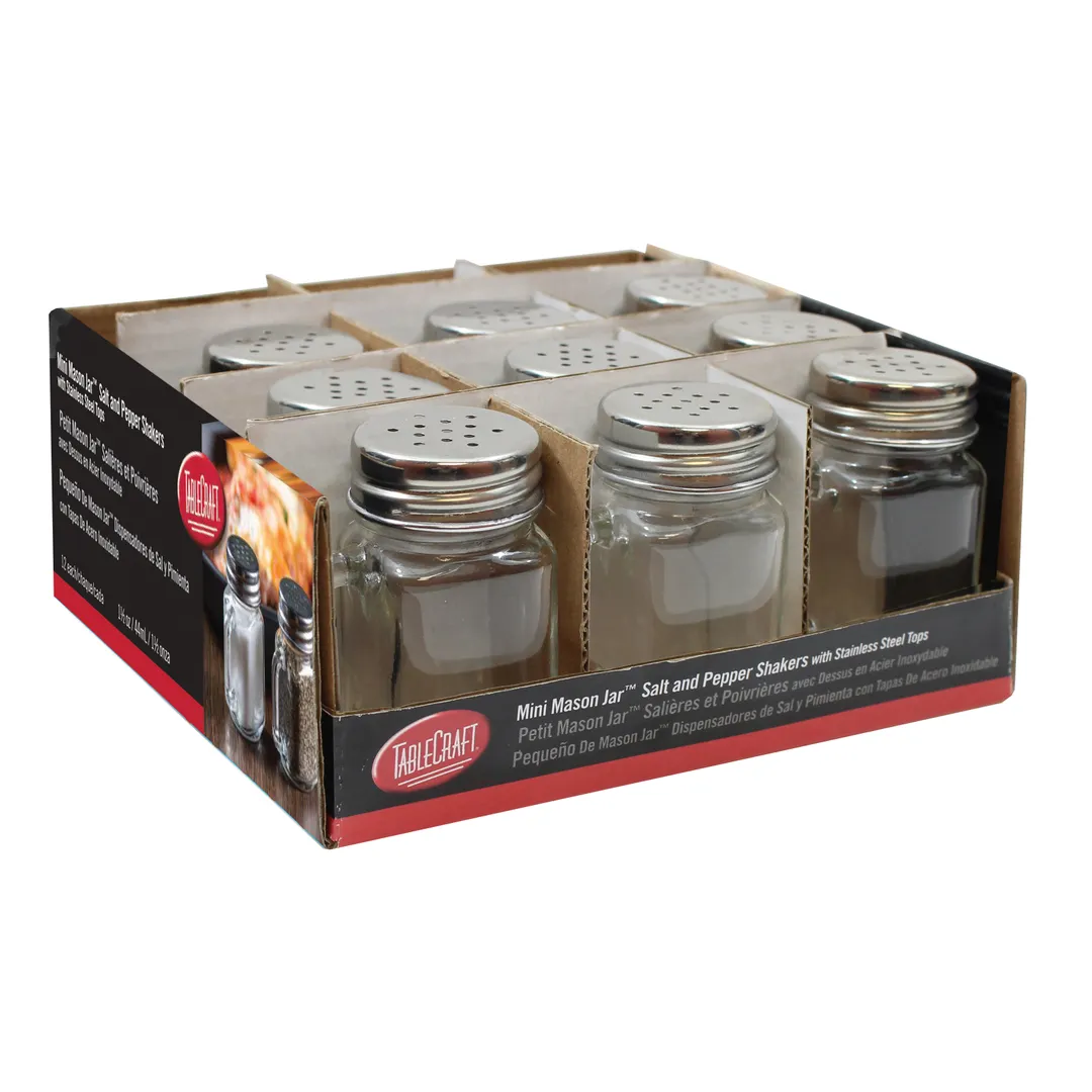 TableCraft C170-12 Salt & Pepper Shaker, 1.5 oz., 1-1/2" Dia x 2-1/2" H, Steel Top, Glass - 12/Pack